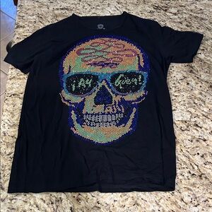Black Men’s Graphic Skull Tee with Multicolor Stud Detail